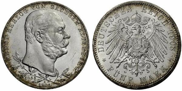 5 Mark Ducado de Sajonia-Altenburgo  (1826 - 1920) Plata Ernesto I de Sajonia-Altenburgo (1826 - 1908)
