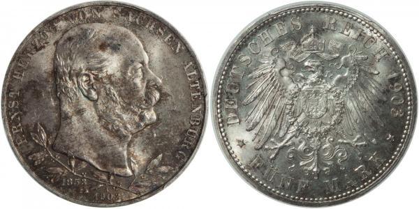 5 Mark Ducado de Sajonia-Altenburgo  (1826 - 1920) Plata Ernesto I de Sajonia-Altenburgo (1826 - 1908)