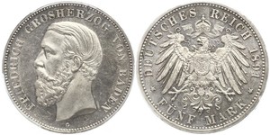 5 Mark Gran Ducado de Baden (1806-1918) Plata Federico I de Baden (1826 - 1907)