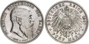 5 Mark Gran Ducado de Baden (1806-1918) Plata Federico I de Baden (1826 - 1907)