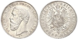 5 Mark Gran Ducado de Baden (1806-1918) Plata Federico I de Baden (1826 - 1907)
