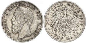 5 Mark Gran Ducado de Baden (1806-1918) Plata Federico I de Baden (1826 - 1907)