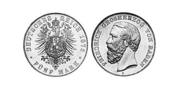 5 Mark Gran Ducado de Baden (1806-1918) Plata Federico I de Baden (1826 - 1907)
