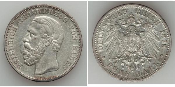 5 Mark Gran Ducado de Baden (1806-1918) Plata Federico I de Baden (1826 - 1907)