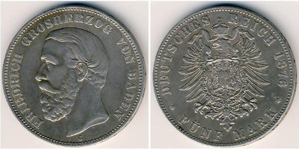 5 Mark Gran Ducado de Baden (1806-1918) Plata Federico I de Baden (1826 - 1907)
