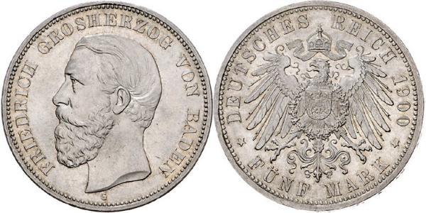 5 Mark Gran Ducado de Baden (1806-1918) Plata Federico I de Baden (1826 - 1907)