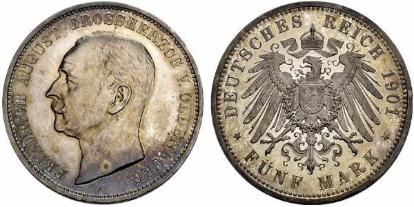 5 Mark Grand Duchy of Oldenburg (1814 - 1918) Plata Federico Augusto III de Sajonia (1865-1932)