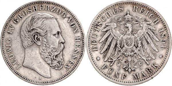 5 Mark Hesse-Darmstadt (1806 - 1918) Plata Luis IV de Hesse-Darmstadt