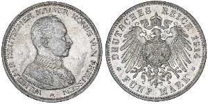 5 Mark Reino de Prusia (1701-1918) Plata Wilhelm II, German Emperor (1859-1941)