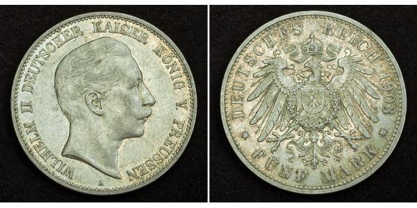 5 Mark Reino de Prusia (1701-1918) Plata Wilhelm II, German Emperor (1859-1941)
