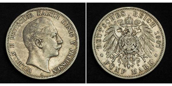 5 Mark Reino de Prusia (1701-1918) Plata Wilhelm II, German Emperor (1859-1941)