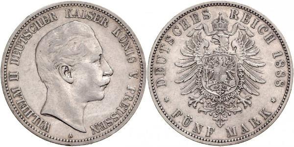 5 Mark Reino de Prusia (1701-1918) Plata Wilhelm II, German Emperor (1859-1941)