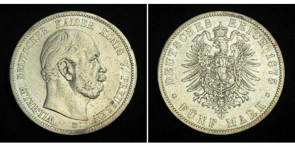 5 Mark Reino de Prusia (1701-1918) Plata Wilhelm I, German Emperor (1797-1888)