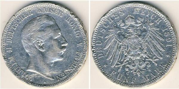 5 Mark Reino de Prusia (1701-1918) Plata Wilhelm II, German Emperor (1859-1941)