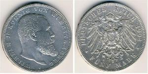 5 Mark Reino de Wurtemberg (1806-1918) Plata Wilhelm II, German Emperor (1859-1941)