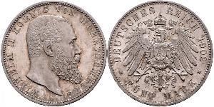 5 Mark Reino de Wurtemberg (1806-1918) Plata Wilhelm II, German Emperor (1859-1941)