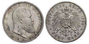 5 Mark Reino de Wurtemberg (1806-1918) Plata Wilhelm II, German Emperor (1859-1941)