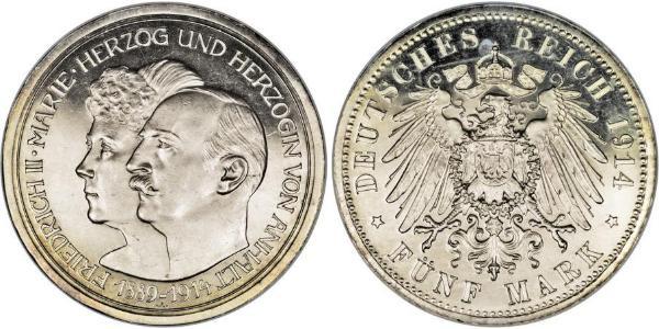 5 Mark Anhalt-Dessau (1603 -1863) Silber Friedrich II. (Anhalt)(1856 – 1918)