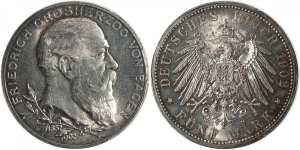 5 Mark Deutsches Kaiserreich (1871-1918) / Grand Duchy of Baden (1806-1918) Silber Friedrich I. (Baden, Großherzog) (1826 - 1907)