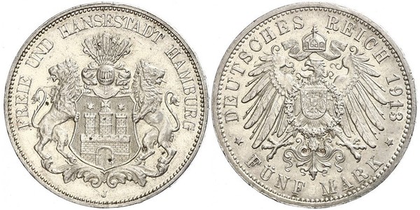 5 Mark Deutsches Kaiserreich (1871-1918) / Hamburg Silber 