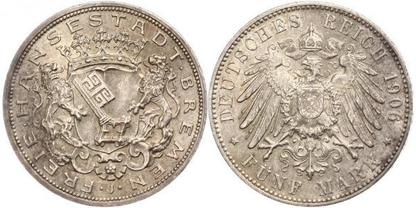 5 Mark Freie Hansestadt Bremen Silber 