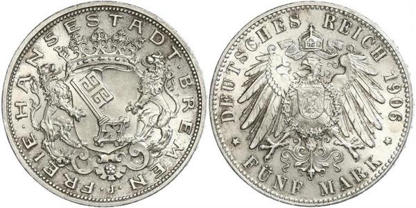 5 Mark Freie Hansestadt Bremen Silber 