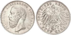 5 Mark Grand Duchy of Baden (1806-1918) Silber Friedrich I. (Baden, Großherzog) (1826 - 1907)