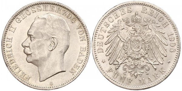 5 Mark Grand Duchy of Baden (1806-1918) Silber Friedrich II. (Baden, Großherzog) (1857 - 1928)