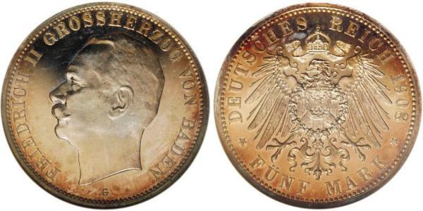5 Mark Grand Duchy of Baden (1806-1918) Silber Friedrich II. (Baden, Großherzog) (1857 - 1928)