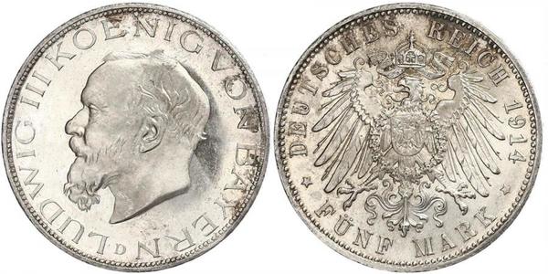 5 Mark Königreich Bayern (1806 - 1918) Silber Ludwig III. (Bayern) (1845 – 1921)