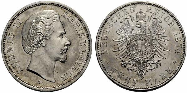 5 Mark Königreich Bayern (1806 - 1918) Silber Ludwig II. (Bayern)(1845 – 1886)