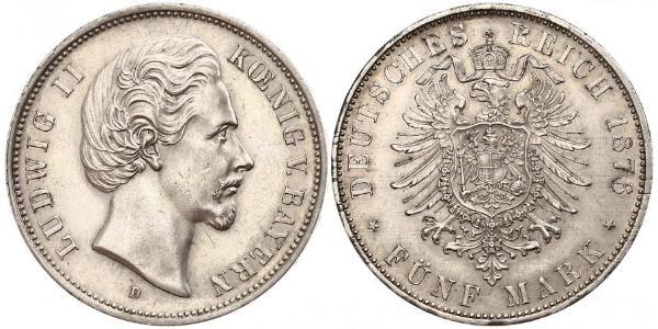 5 Mark Königreich Bayern (1806 - 1918) Silber Ludwig II. (Bayern)(1845 – 1886)