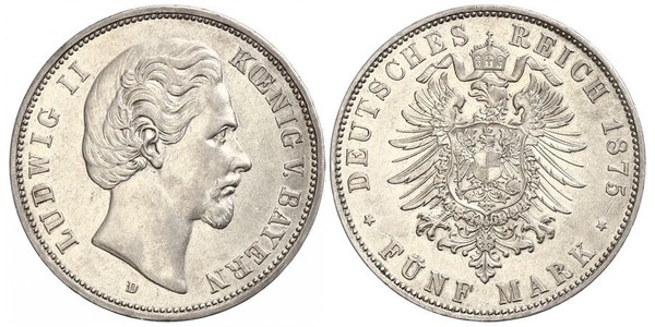 5 Mark Königreich Bayern (1806 - 1918) Silber Ludwig II. (Bayern)(1845 – 1886)