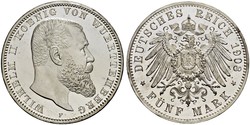 5 Mark Königreich Württemberg (1806-1918) Silber Wilhelm II, German Emperor (1859-1941)