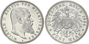 5 Mark Königreich Württemberg (1806-1918) Silber Wilhelm II, German Emperor (1859-1941)