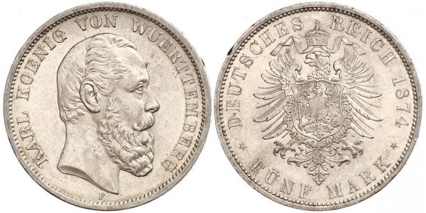 5 Mark Königreich Württemberg (1806-1918) Silber Karl (Württemberg)
