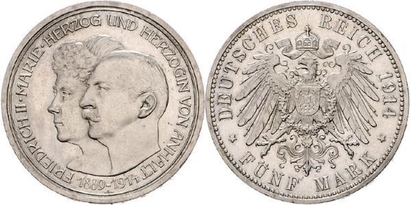 5 Mark Anhalt-Dessau (1603 -1863) Silver Friedrich II, Duke of Anhalt (1856 – 1918)