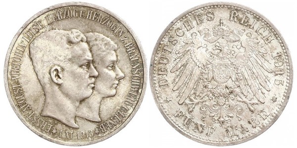 5 Mark Duchy of Brunswick (1815 - 1918) Silver Ernest Augustus, Duke of Brunswick (1887 - 1953)