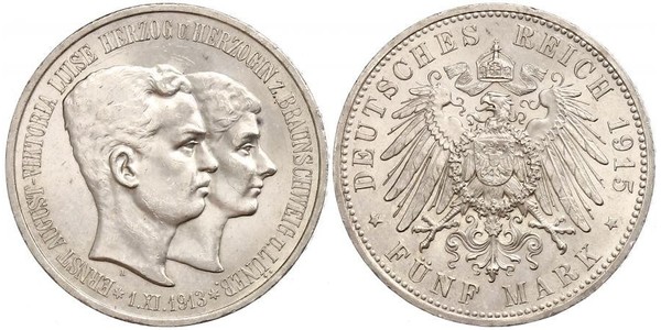 5 Mark Duchy of Brunswick (1815 - 1918) Silver Ernest Augustus, Duke of Brunswick (1887 - 1953)