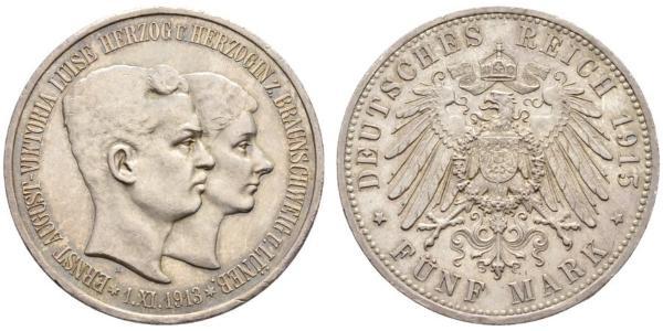 5 Mark Duchy of Brunswick (1815 - 1918) Silver Ernest Augustus, Duke of Brunswick (1887 - 1953)