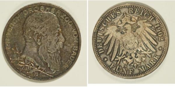 5 Mark German Empire (1871-1918) / Grand Duchy of Baden (1806-1918) Silver Frederick I, Grand Duke of Baden (1826 - 1907)