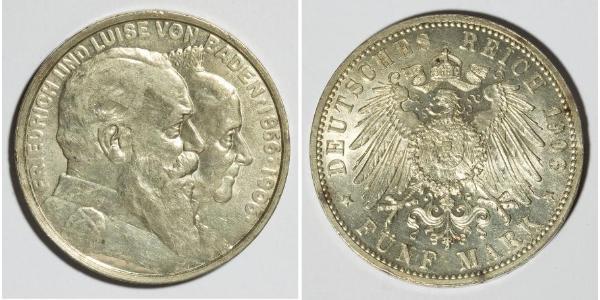 5 Mark German Empire (1871-1918) / Grand Duchy of Baden (1806-1918) Silver Frederick I, Grand Duke of Baden (1826 - 1907)