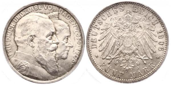 5 Mark German Empire (1871-1918) / Grand Duchy of Baden (1806-1918) Silver Frederick I, Grand Duke of Baden (1826 - 1907)