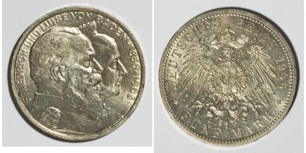 5 Mark German Empire (1871-1918) / Grand Duchy of Baden (1806-1918) Silver Frederick I, Grand Duke of Baden (1826 - 1907)