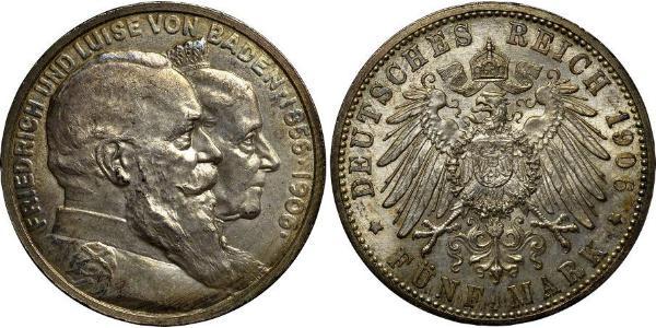 5 Mark German Empire (1871-1918) / Grand Duchy of Baden (1806-1918) Silver Frederick I, Grand Duke of Baden (1826 - 1907)