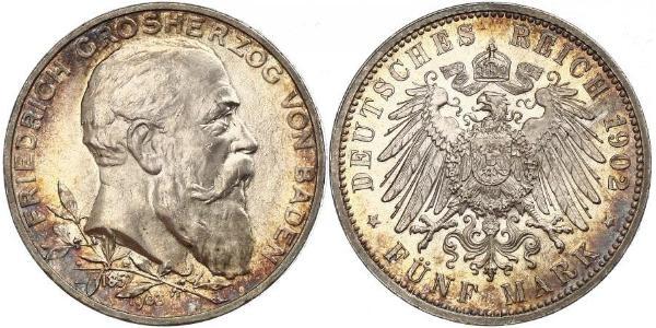 5 Mark German Empire (1871-1918) / Grand Duchy of Baden (1806-1918) Silver Frederick I, Grand Duke of Baden (1826 - 1907)