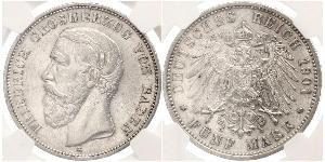 5 Mark Grand Duchy of Baden (1806-1918) Silver Frederick I, Grand Duke of Baden (1826 - 1907)