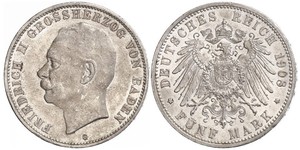 5 Mark Grand Duchy of Baden (1806-1918) Silver Frederick II, Grand Duke of Baden (1857 - 1928)