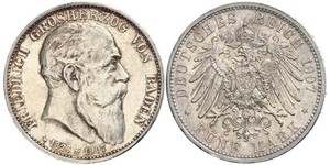 5 Mark Grand Duchy of Baden (1806-1918) Silver Frederick I, Grand Duke of Baden (1826 - 1907)