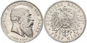 5 Mark Grand Duchy of Baden (1806-1918) Silver Frederick I, Grand Duke of Baden (1826 - 1907)